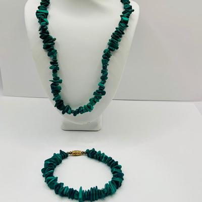 LOT23: Long Strand of Round Malachite 17" & Gold-tone Beaded Necklace with Gold-tone Clasp and Malachite Nugget 20"...