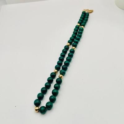 LOT23: Long Strand of Round Malachite 17" & Gold-tone Beaded Necklace with Gold-tone Clasp and Malachite Nugget 20"...