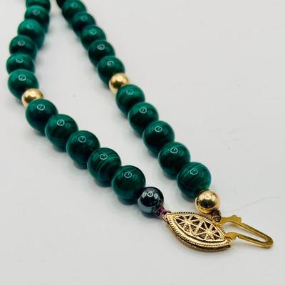 LOT23: Long Strand of Round Malachite 17" & Gold-tone Beaded Necklace with Gold-tone Clasp and Malachite Nugget 20"...