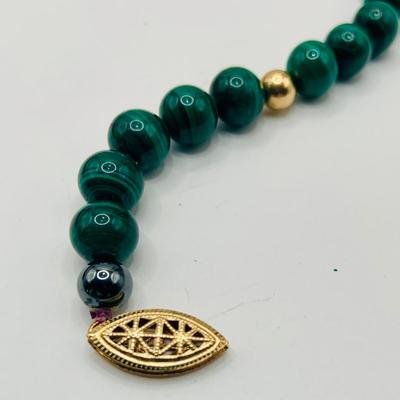 LOT23: Long Strand of Round Malachite 17" & Gold-tone Beaded Necklace with Gold-tone Clasp and Malachite Nugget 20"...