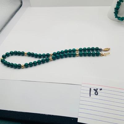 LOT23: Long Strand of Round Malachite 17" & Gold-tone Beaded Necklace with Gold-tone Clasp and Malachite Nugget 20"...