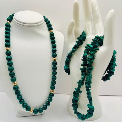 LOT23: Long Strand of Round Malachite 17" & Gold-tone Beaded Necklace with Gold-tone Clasp and Malachite Nugget 20"...