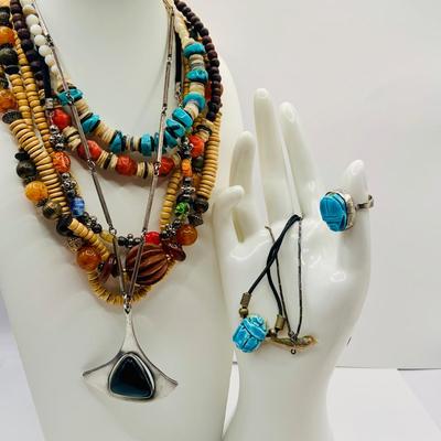 LOT:25: Natural Stone Beaded/Glass Necklaces, Pendant & Ring