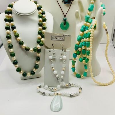 LOT 27: Collection of Beaded Fashion Jewelry Necklaces Featuring a Cloissonne Elephant Pendant on a Silk Cord and More