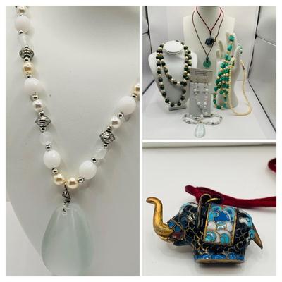 LOT 27: Collection of Beaded Fashion Jewelry Necklaces Featuring a Cloissonne Elephant Pendant on a Silk Cord and More