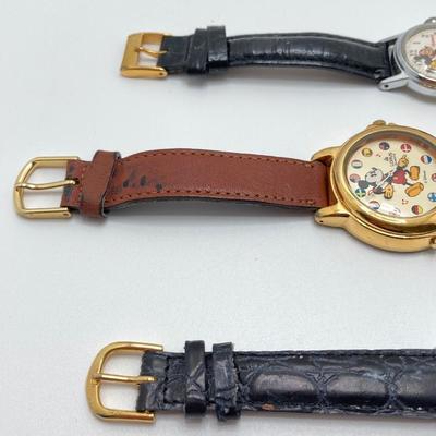 LOT 55J: Three Disney Mickey Mouse (Lorus / Ingersoll) Watches and One Stars and Stripes Mickey Mouse Pin