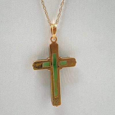 LOT 65J: Gold and Jade Cross Pendant Necklace - 14KT, TW 2.5g, 18"