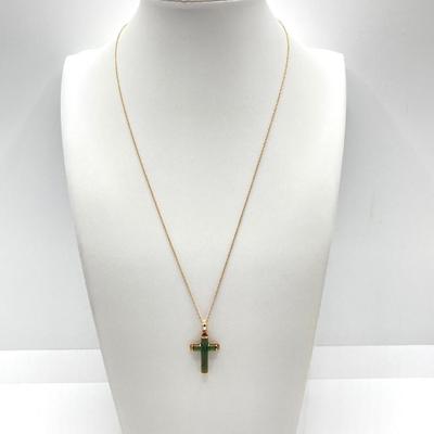 LOT 65J: Gold and Jade Cross Pendant Necklace - 14KT, TW 2.5g, 18"
