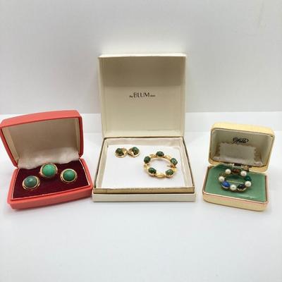 LOT 74J: Vintage Jewelry Collection - Wells 14K G.F. Scarab Stone Brooch, Earrings and Ring