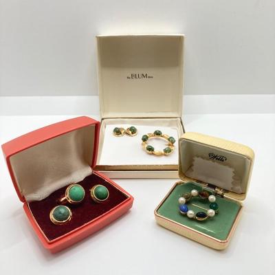 LOT 74J: Vintage Jewelry Collection - Wells 14K G.F. Scarab Stone Brooch, Earrings and Ring