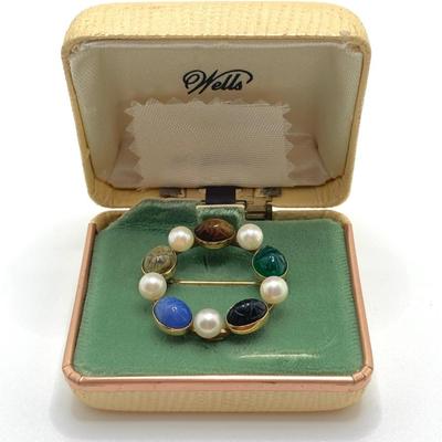 LOT 74J: Vintage Jewelry Collection - Wells 14K G.F. Scarab Stone Brooch, Earrings and Ring