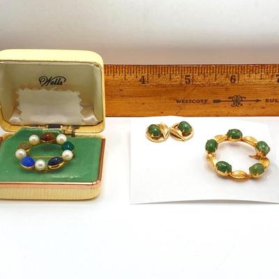 LOT 74J: Vintage Jewelry Collection - Wells 14K G.F. Scarab Stone Brooch, Earrings and Ring