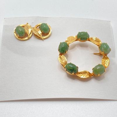 LOT 74J: Vintage Jewelry Collection - Wells 14K G.F. Scarab Stone Brooch, Earrings and Ring