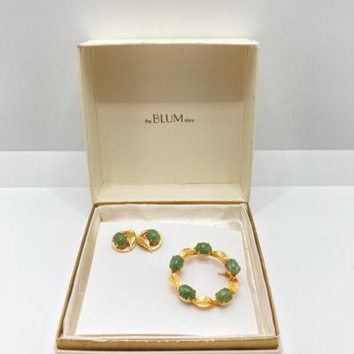 LOT 74J: Vintage Jewelry Collection - Wells 14K G.F. Scarab Stone Brooch, Earrings and Ring