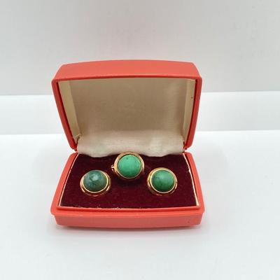 LOT 74J: Vintage Jewelry Collection - Wells 14K G.F. Scarab Stone Brooch, Earrings and Ring