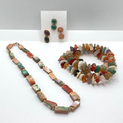 LOT 76J: Vintage Polished Stone Jewelry - Necklaces and Earrings