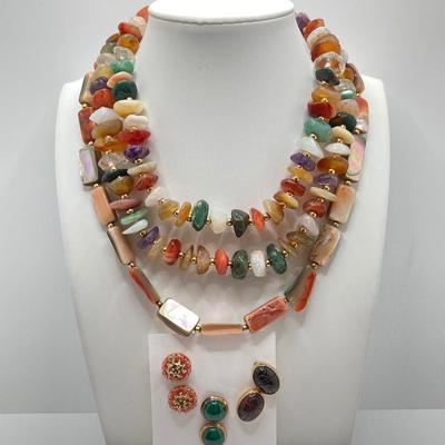 LOT 76J: Vintage Polished Stone Jewelry - Necklaces and Earrings