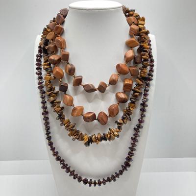 LOT 77J: Vintage Fashion Jewelry Collection - Wood Beaded Necklaces / Earrings, Frog Ring and Stone Pendants
