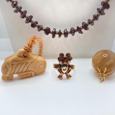 LOT 77J: Vintage Fashion Jewelry Collection - Wood Beaded Necklaces / Earrings, Frog Ring and Stone Pendants