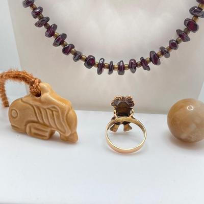 LOT 77J: Vintage Fashion Jewelry Collection - Wood Beaded Necklaces / Earrings, Frog Ring and Stone Pendants