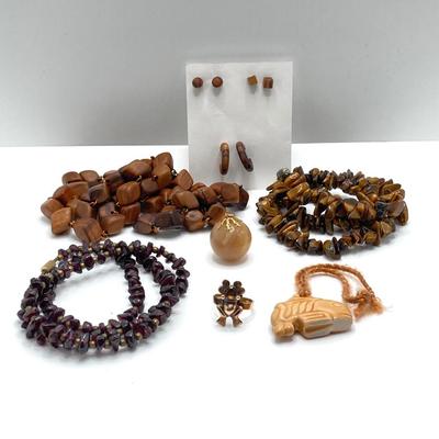 LOT 77J: Vintage Fashion Jewelry Collection - Wood Beaded Necklaces / Earrings, Frog Ring and Stone Pendants
