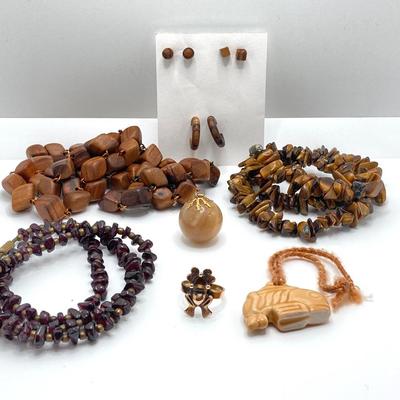 LOT 77J: Vintage Fashion Jewelry Collection - Wood Beaded Necklaces / Earrings, Frog Ring and Stone Pendants