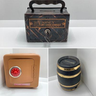 LOT 80J: Collection of Vintage Banks - The Varney Dry Goods Company, Fort Knox Safe Combination Bank and Peoples National Bank of New...