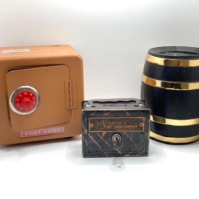 LOT 80J: Collection of Vintage Banks - The Varney Dry Goods Company, Fort Knox Safe Combination Bank and Peoples National Bank of New...