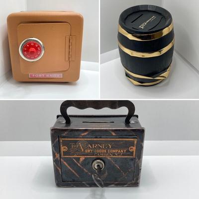 LOT 80J: Collection of Vintage Banks - The Varney Dry Goods Company, Fort Knox Safe Combination Bank and Peoples National Bank of New...