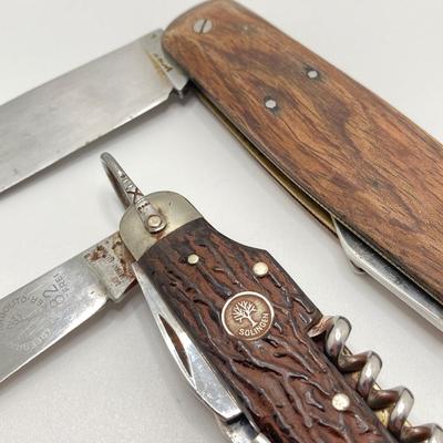 LOT 81J: Pair of Vintage Wood Handle Folding Knives - Tree Brand Arbolito Boker Soligen and More