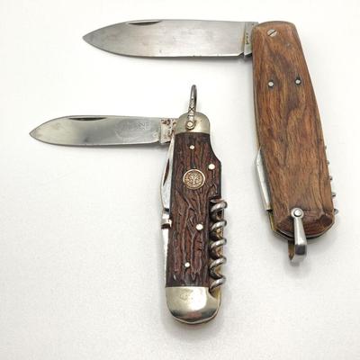 LOT 81J: Pair of Vintage Wood Handle Folding Knives - Tree Brand Arbolito Boker Soligen and More