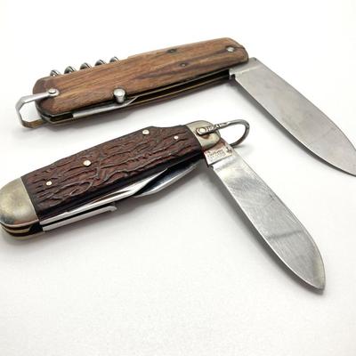 LOT 81J: Pair of Vintage Wood Handle Folding Knives - Tree Brand Arbolito Boker Soligen and More