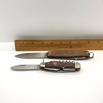 LOT 81J: Pair of Vintage Wood Handle Folding Knives - Tree Brand Arbolito Boker Soligen and More