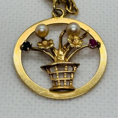 LOT 85: Cultured Pearl & Gold Bracelet w/Charm: 750 (18k) on Clasp, 14K Charm w/2 Pearls & 2 Gemstones, 10.7g Tw, 7.5"