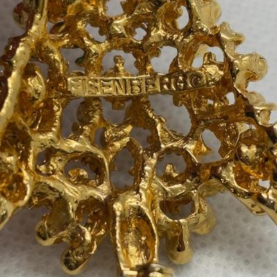 LOT 90: Collection of Holiday Brooches including a Tona Gold Tone Enamel Cornucopia Pumpkin Brooch, Eisenberg Christmas Tree Brooch...