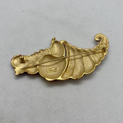 LOT 90: Collection of Holiday Brooches including a Tona Gold Tone Enamel Cornucopia Pumpkin Brooch, Eisenberg Christmas Tree Brooch...