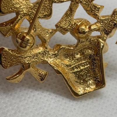 LOT 90: Collection of Holiday Brooches including a Tona Gold Tone Enamel Cornucopia Pumpkin Brooch, Eisenberg Christmas Tree Brooch...