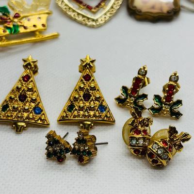 LOT 90: Collection of Holiday Brooches including a Tona Gold Tone Enamel Cornucopia Pumpkin Brooch, Eisenberg Christmas Tree Brooch...