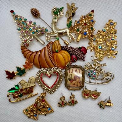 LOT 90: Collection of Holiday Brooches including a Tona Gold Tone Enamel Cornucopia Pumpkin Brooch, Eisenberg Christmas Tree Brooch...