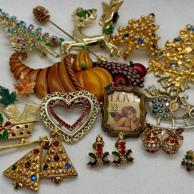 LOT 90: Collection of Holiday Brooches including a Tona Gold Tone Enamel Cornucopia Pumpkin Brooch, Eisenberg Christmas Tree Brooch...