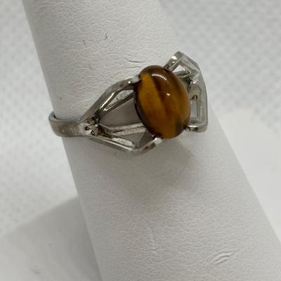 LOT 91: Sterling Silver Tiger Eye Owl Brooch & Ring, sz 7