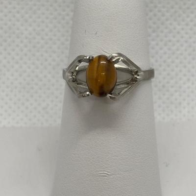 LOT 91: Sterling Silver Tiger Eye Owl Brooch & Ring, sz 7