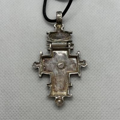 LOT 92: Sterling Silver 925 Cross Pendant on a Waxed Leather Cord & Sterling Silver Chain w/a Religious Pendant/Charm