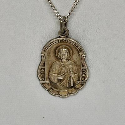 LOT 92: Sterling Silver 925 Cross Pendant on a Waxed Leather Cord & Sterling Silver Chain w/a Religious Pendant/Charm