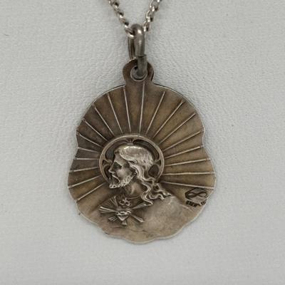 LOT 92: Sterling Silver 925 Cross Pendant on a Waxed Leather Cord & Sterling Silver Chain w/a Religious Pendant/Charm