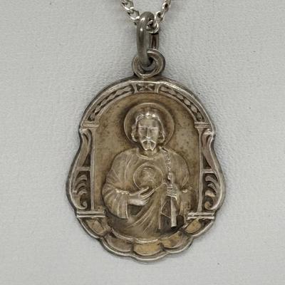 LOT 92: Sterling Silver 925 Cross Pendant on a Waxed Leather Cord & Sterling Silver Chain w/a Religious Pendant/Charm