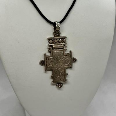 LOT 92: Sterling Silver 925 Cross Pendant on a Waxed Leather Cord & Sterling Silver Chain w/a Religious Pendant/Charm