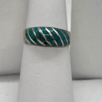 LOT 93: Sterling Silver 18" Box Chain, Turquoise Inlay Ring sz 6, Sun Earrings & Lapis Earrings