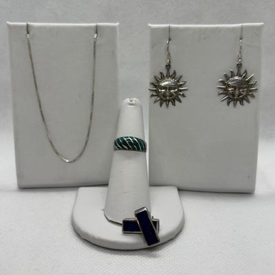 LOT 93: Sterling Silver 18" Box Chain, Turquoise Inlay Ring sz 6, Sun Earrings & Lapis Earrings