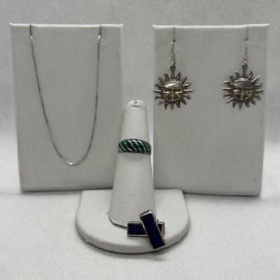 LOT 93: Sterling Silver 18" Box Chain, Turquoise Inlay Ring sz 6, Sun Earrings & Lapis Earrings